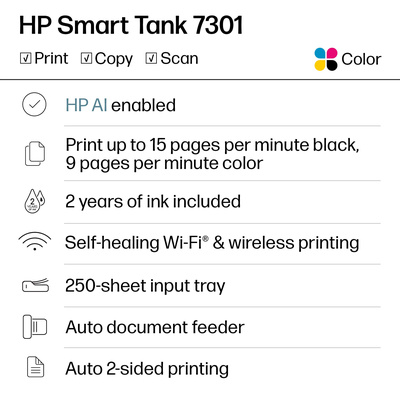 HP - Smart Tank 7301 Wireless AI-Enabled All-In-One Supertank Inkjet Printer with up to 2 Years of Ink Included - White & Slate