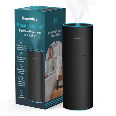 Homedics Portable Humidifier - Small Air Humidifiers for Bedroom, Plants, Office, Travel - Cool Mist Humidifiers, Color-Changing Accent Light, 2 Mist Settings, Black (Black)
