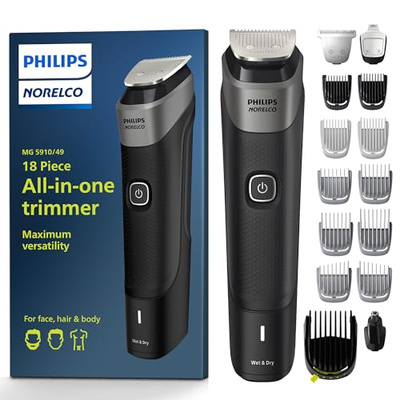 Philips Norelco Multigroom Series 5000 18 Piece, Beard Face, Hair, Body and Intimate Hair Trimmer for Men - NO BLADE OIL MG5910/49 (Black, MG5910/49 - 18 Pieces)
