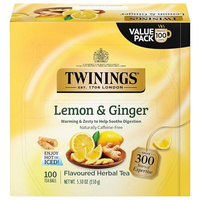 Twinings Lemon & Ginger Herbal Tea Individually Wrapped Bags, 100 Count (Pack of 1), Tangy Lemon, Spicy Ginger, Naturally Caffeine-Free, Enjoy Hot or Iced, 100 Teabags (Lemon & Ginger Herbal, 100 Count (Pack of 1))