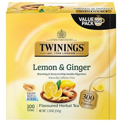 Twinings Lemon & Ginger Herbal Tea Individually Wrapped Bags, 100 Count (Pack of 1), Tangy Lemon, Spicy Ginger, Naturally Caffeine-Free, Enjoy Hot or Iced, 100 Teabags (Lemon & Ginger Herbal, 100 Count (Pack of 1))