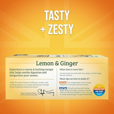 Twinings Lemon & Ginger Herbal Tea Individually Wrapped Bags, 100 Count (Pack of 1), Tangy Lemon, Spicy Ginger, Naturally Caffeine-Free, Enjoy Hot or Iced, 100 Teabags (Lemon & Ginger Herbal, 100 Count (Pack of 1))