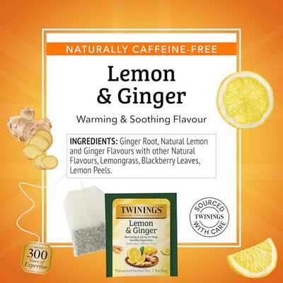 Twinings Lemon & Ginger Herbal Tea Individually Wrapped Bags, 100 Count (Pack of 1), Tangy Lemon, Spicy Ginger, Naturally Caffeine-Free, Enjoy Hot or Iced, 100 Teabags (Lemon & Ginger Herbal, 100 Count (Pack of 1))