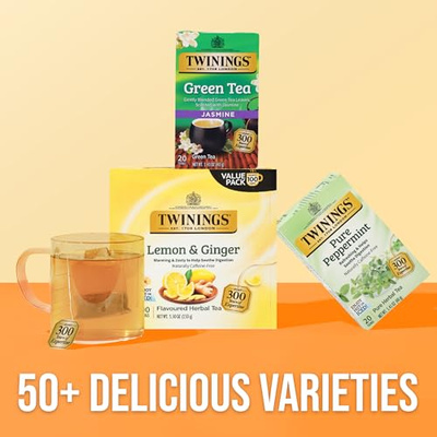 Twinings Lemon & Ginger Herbal Tea Individually Wrapped Bags, 100 Count (Pack of 1), Tangy Lemon, Spicy Ginger, Naturally Caffeine-Free, Enjoy Hot or Iced, 100 Teabags (Lemon & Ginger Herbal, 100 Count (Pack of 1))