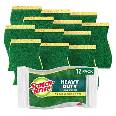 Scotch-Brite Heavy Duty Scrub Sponge, 12 Kitchen Sponges, Designed for Tough Messes in the Kitchen, Lasts 3X Longer*, Best for Cast Iron Skillets, Outdoor Grills, Flexible, Durable & Strong (12 Scrub Sponges)