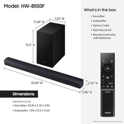 Samsung B-Series Soundbar HW-B550F 2.1 ch DTS Virtual:X Soundbar with Subwoofer (2025 Model) Voice Enhance Mode, Bass Boost, Adaptive Sound (HW-B550F, Soundbar)