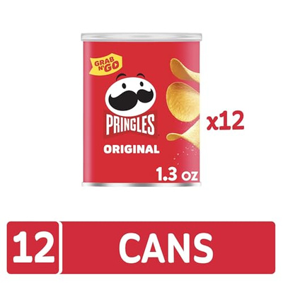Pringles Potato Crisps Chips, Lunch Snacks, Office and Kids Snacks, Grab N' Go, Original (12 Cans) (Original, 1.3 Ounce (Pack of 12))