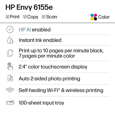 HP - Envy 6155e Wireless AI-Enabled All-in-One Inkjet Printer w/ 3 Months of Instant Ink (+ 1 Bonus Month w/ Code) - White