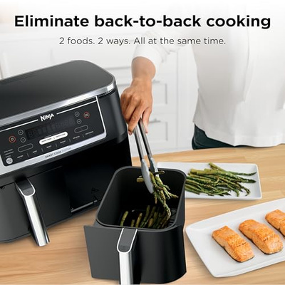 Ninja DZ550 Foodi 10 Quart 6-in-1 DualZone Smart XL Air Fryer with 2 Independent Baskets, Smart Cook Thermometer for Perfect Doneness, Match Cook & Smart Finish to Roast, Dehydrate & More, Grey (10-QT With Thermometer)