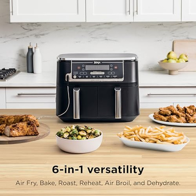 Ninja DZ550 Foodi 10 Quart 6-in-1 DualZone Smart XL Air Fryer with 2 Independent Baskets, Smart Cook Thermometer for Perfect Doneness, Match Cook & Smart Finish to Roast, Dehydrate & More, Grey (10-QT With Thermometer)