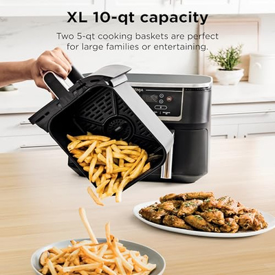 Ninja DZ550 Foodi 10 Quart 6-in-1 DualZone Smart XL Air Fryer with 2 Independent Baskets, Smart Cook Thermometer for Perfect Doneness, Match Cook & Smart Finish to Roast, Dehydrate & More, Grey (10-QT With Thermometer)