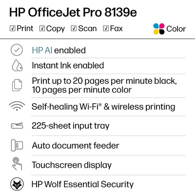 HP - OfficeJet Pro 8139e Wireless AI-Enabled AiO Inkjet Printer w/ 12 Mo. of Instant Ink with HP+ (+ 1 Bonus Month w/ Code) - White