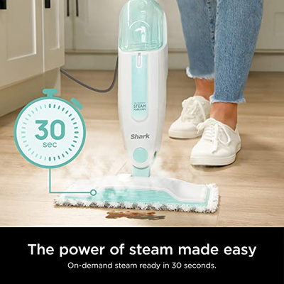Shark Steam Mop with 2 Machine Washable Dirt Grip Pads, Removable Water Tank, Lightweight, Steam Cleaner for sealed Hard Floors, Marble, Stone, Hardwood, Tile, Laminate, White/Seafoam, S1000 (Steam Starter)
