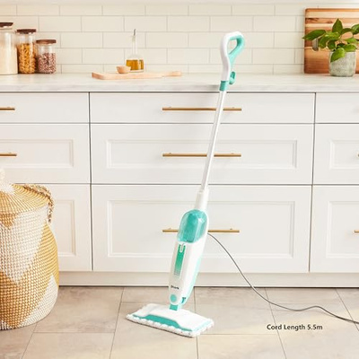 Shark Steam Mop with 2 Machine Washable Dirt Grip Pads, Removable Water Tank, Lightweight, Steam Cleaner for sealed Hard Floors, Marble, Stone, Hardwood, Tile, Laminate, White/Seafoam, S1000 (Steam Starter)