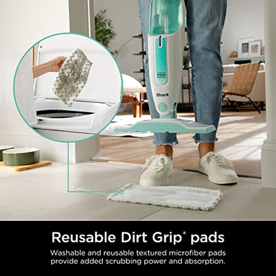 Shark Steam Mop with 2 Machine Washable Dirt Grip Pads, Removable Water Tank, Lightweight, Steam Cleaner for sealed Hard Floors, Marble, Stone, Hardwood, Tile, Laminate, White/Seafoam, S1000 (Steam Starter)