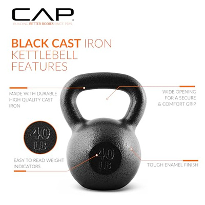 CAP Barbell Black Cast Iron Kettlebell Single or Set | 10-80 Lbs (40 LBS - Single)