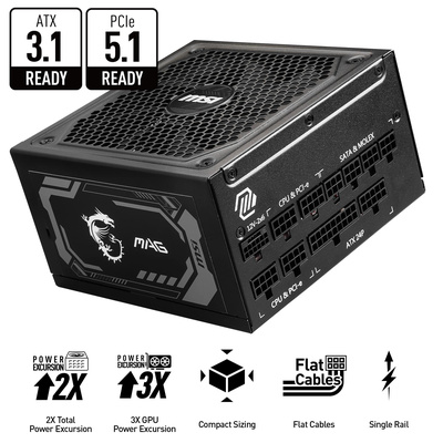 MSI - MAG A1000GL PCIE5 - Full Modular - 80 Plus Gold 1000W - ATX 3.1 Gaming Power Supply - Black