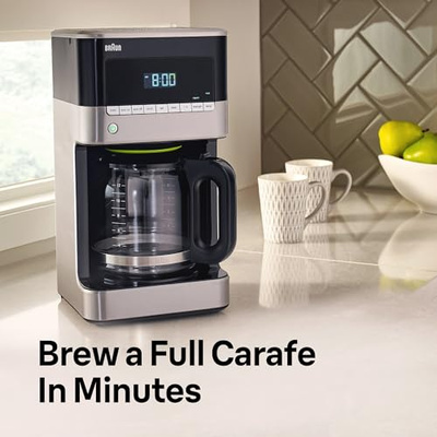 Braun BrewSense 12 Cup Drip Coffee Maker - Pause & Pour Mid Brew, Coffee Machine with 24-Hour Timer & Clock, Bold & Regular Strength, 1-4 Cup Functions, Self Clean, Auto Shutoff, Stainless Steel (Advanced Settings)