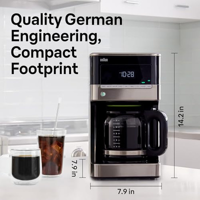 Braun BrewSense 12 Cup Drip Coffee Maker - Pause & Pour Mid Brew, Coffee Machine with 24-Hour Timer & Clock, Bold & Regular Strength, 1-4 Cup Functions, Self Clean, Auto Shutoff, Stainless Steel (Advanced Settings)