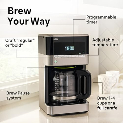 Braun BrewSense 12 Cup Drip Coffee Maker - Pause & Pour Mid Brew, Coffee Machine with 24-Hour Timer & Clock, Bold & Regular Strength, 1-4 Cup Functions, Self Clean, Auto Shutoff, Stainless Steel (Advanced Settings)