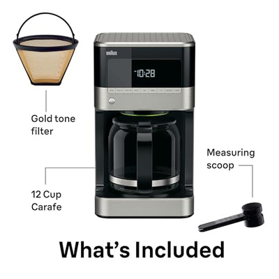 Braun BrewSense 12 Cup Drip Coffee Maker - Pause & Pour Mid Brew, Coffee Machine with 24-Hour Timer & Clock, Bold & Regular Strength, 1-4 Cup Functions, Self Clean, Auto Shutoff, Stainless Steel (Advanced Settings)