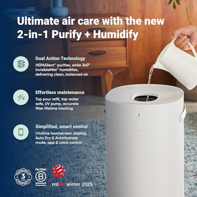 BLUEAIR 2-in-1 Purify + Humidify: Air Purifier and Humidifier with HEPASilent™ and 360° InvisibleMist™ Technology, Top Pour - covers 1,726 sqft in 60 minutes - Perfectly balanced air, one product (2-in-1 Humidifier and Air Purifier)