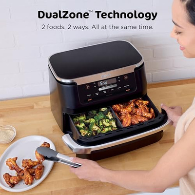Ninja Foodi 6-in-1 FlexBasket Air Fryer with 7-QT MegaZone & Basket Divider for Large Proteins & Full Meals, Smart Finish Cook 2 Foods 2 Ways, Family Sized Capacity, Air Fry, Roast & More, Black DZ071 (7-QT With Flex Basket)