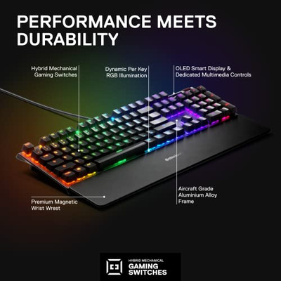 SteelSeries USB Apex 5 Hybrid Mechanical Gaming Keyboard – Per-Key RGB Illumination – Aircraft Grade Aluminum Alloy Frame – OLED Smart Display (Hybrid Blue Switch) (Black, Apex 5, Hybrid Blue – Tactile & Clicky)
