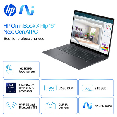 HP - OmniBook X Flip 2-in-1 - Copilot+ PC - 16" 2K Touch-Screen Laptop - Intel Core Ultra 7 - 32GB Memory - 2TB SSD - Eclipse Gray
