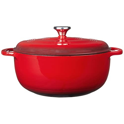 Lodge 7.5 Quart Enameled Cast Iron Dutch Oven with Lid – Dual Handles – Oven Safe up to 500° F or on Stovetop - Use to Marinate, Cook, Bake, Refrigerate and Serve – Island Spice Red (Island Spice Red)