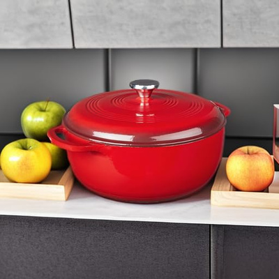 Lodge 7.5 Quart Enameled Cast Iron Dutch Oven with Lid – Dual Handles – Oven Safe up to 500° F or on Stovetop - Use to Marinate, Cook, Bake, Refrigerate and Serve – Island Spice Red (Island Spice Red)