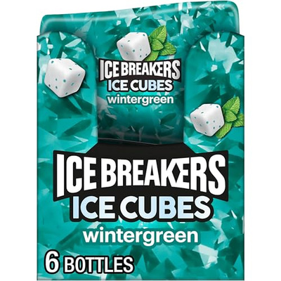 ICE BREAKERS Ice Cubes Wintergreen Flavored Sugar Free Chewing Gum Bottles, 3.24 oz (6 Count, 40 Pieces)