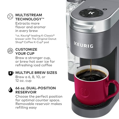 Keurig K-Supreme Single Serve K-Cup Pod Coffee Maker, MultiStream Technology, 4 Brew Sizes, 66oz Dual-Position Removable Reservoir, Gray (Gray, Coffee Maker)
