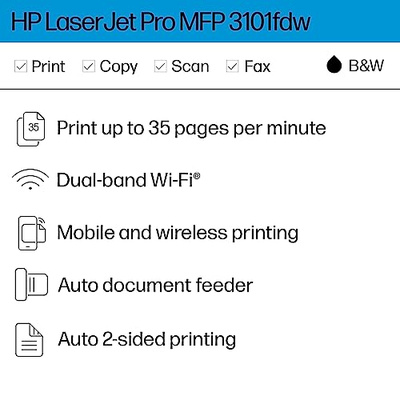HP LaserJet Pro MFP 3101fdw Wireless Black & White All-in-One Laser Printer, Scanner, Copier, Fax, Best-for-Office (3G628F)