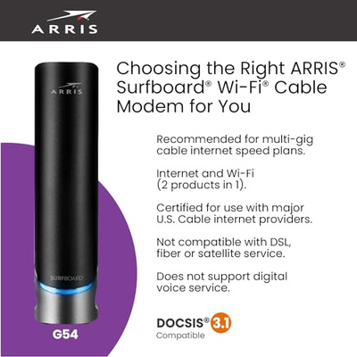 ARRIS (G54) - Cable Modem Router Combo - Fast DOCSIS 3.1 Multi-Gigabit & BE 18000 WiFi 7 Comcast Xfinity, Cox, Spectrum Quad-Band 1, Up to 18 Gbps Max Speed (DOCSIS 3.1 - G54)