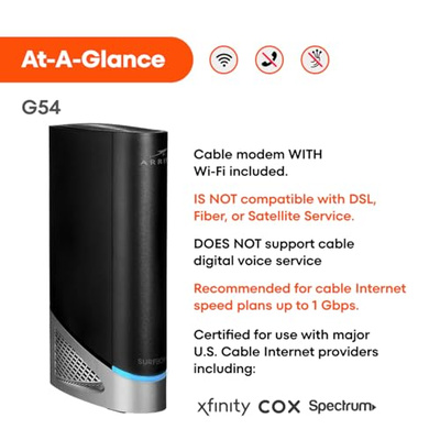 ARRIS (G54) - Cable Modem Router Combo - Fast DOCSIS 3.1 Multi-Gigabit & BE 18000 WiFi 7 Comcast Xfinity, Cox, Spectrum Quad-Band 1, Up to 18 Gbps Max Speed (DOCSIS 3.1 - G54)