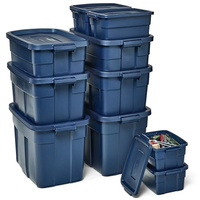 Rubbermaid Roughneck Tote Variety - |Made in the USA| Dark Indigo Metallic, Rugged Plastic Stackable Storage Tote with Lid and Handles (Pack of 10) (Variety - 10 Pack)