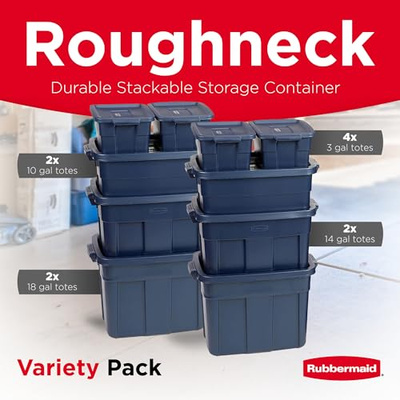 Rubbermaid Roughneck Tote Variety - |Made in the USA| Dark Indigo Metallic, Rugged Plastic Stackable Storage Tote with Lid and Handles (Pack of 10) (Variety - 10 Pack)