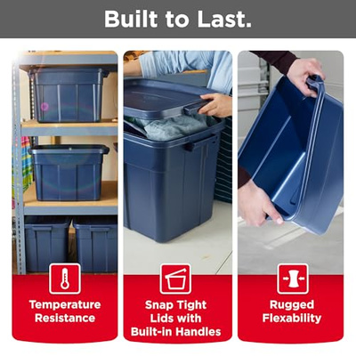 Rubbermaid Roughneck Tote Variety - |Made in the USA| Dark Indigo Metallic, Rugged Plastic Stackable Storage Tote with Lid and Handles (Pack of 10) (Variety - 10 Pack)