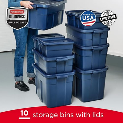 Rubbermaid Roughneck Tote Variety - |Made in the USA| Dark Indigo Metallic, Rugged Plastic Stackable Storage Tote with Lid and Handles (Pack of 10) (Variety - 10 Pack)