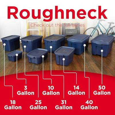 Rubbermaid Roughneck Tote Variety - |Made in the USA| Dark Indigo Metallic, Rugged Plastic Stackable Storage Tote with Lid and Handles (Pack of 10) (Variety - 10 Pack)