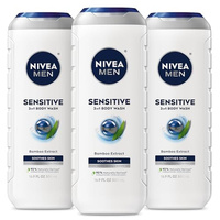 NIVEA MEN Sensitive Body Wash with Bamboo Extract, Moisturizing Body Wash for Sensitive Skin, Soap Free Shower Gel for Men with No Drying Alcohol, 16.9 Fl Oz Bottle, Pack of 3 (Bamboo Extract, 16.9 Fl Oz (Pack of 3))