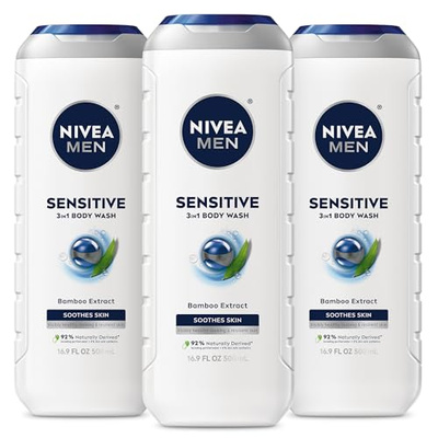 NIVEA MEN Sensitive Body Wash with Bamboo Extract, Moisturizing Body Wash for Sensitive Skin, Soap Free Shower Gel for Men with No Drying Alcohol, 16.9 Fl Oz Bottle, Pack of 3 (Bamboo Extract, 16.9 Fl Oz (Pack of 3))