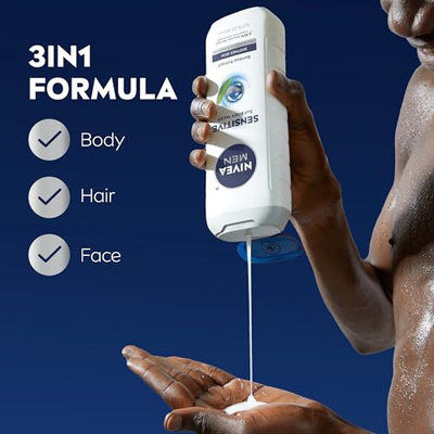 NIVEA MEN Sensitive Body Wash with Bamboo Extract, Moisturizing Body Wash for Sensitive Skin, Soap Free Shower Gel for Men with No Drying Alcohol, 16.9 Fl Oz Bottle, Pack of 3 (Bamboo Extract, 16.9 Fl Oz (Pack of 3))