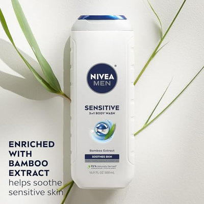 NIVEA MEN Sensitive Body Wash with Bamboo Extract, Moisturizing Body Wash for Sensitive Skin, Soap Free Shower Gel for Men with No Drying Alcohol, 16.9 Fl Oz Bottle, Pack of 3 (Bamboo Extract, 16.9 Fl Oz (Pack of 3))