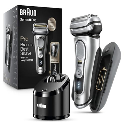 Braun Electric Razor for Men, Waterproof Foil Shaver, Series 9 Pro 9477cc, Wet & Dry Shave, with Portable Charging Case, ProLift Beard Trimmer, 5-in-1 Cleaning & Charging SmartCare Center, Silver (9477cc Shaver)