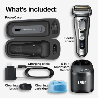 Braun Electric Razor for Men, Waterproof Foil Shaver, Series 9 Pro 9477cc, Wet & Dry Shave, with Portable Charging Case, ProLift Beard Trimmer, 5-in-1 Cleaning & Charging SmartCare Center, Silver (9477cc Shaver)
