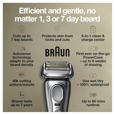 Braun Electric Razor for Men, Waterproof Foil Shaver, Series 9 Pro 9477cc, Wet & Dry Shave, with Portable Charging Case, ProLift Beard Trimmer, 5-in-1 Cleaning & Charging SmartCare Center, Silver (9477cc Shaver)