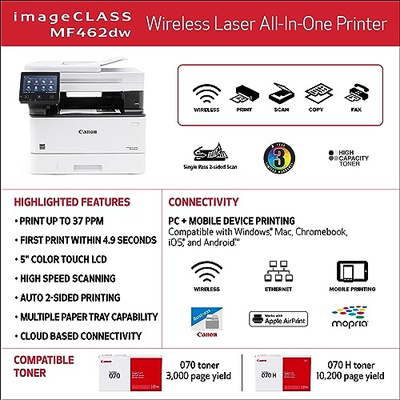 Canon imageCLASS MF462dw - Monochrome, Duplex Wireless Laser Printer, All-in-One with Scanner, Copier, Fax, Home or Office, Auto Document Feeder, Mobile Ready, 3 Year Limited Warranty, 37 PPM, White (imageCLASS MF462dw)