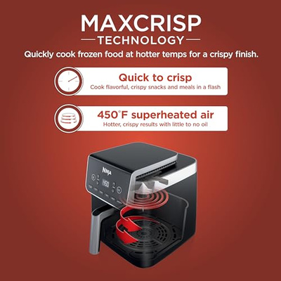 Ninja | Air Fryer | 6.5 QT Pro XL Capacity fits 9lbs of Wings | 6-in-1 Max Crisp, Air Fry, Roast, Bake, Reheat & Dehydrate | Nonstick Basket, Crisper Plate & Recipe Guide | Grey | AF181 (Black, 6.5 QT MAX)